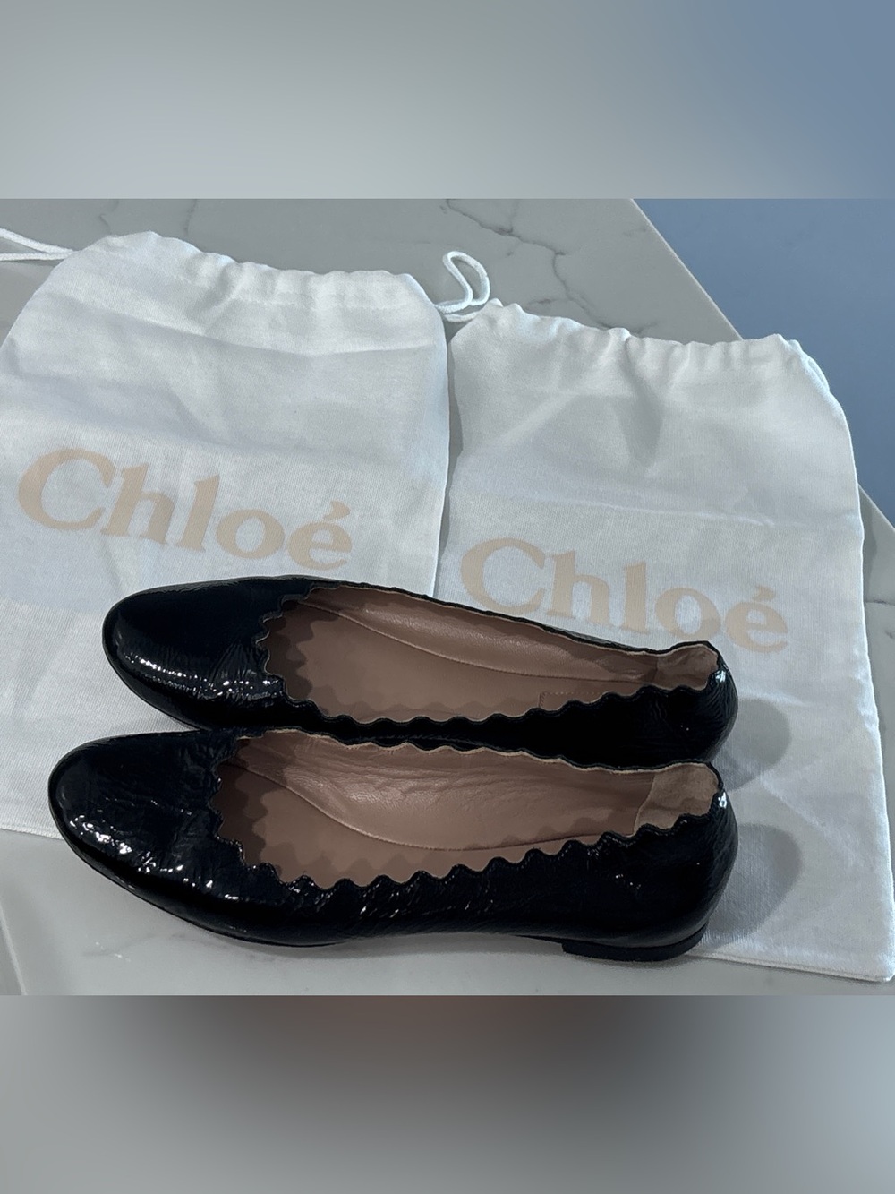 Chloe Lauren Scalloped Patent Leather Ballet Flats Classic Designer 37 7